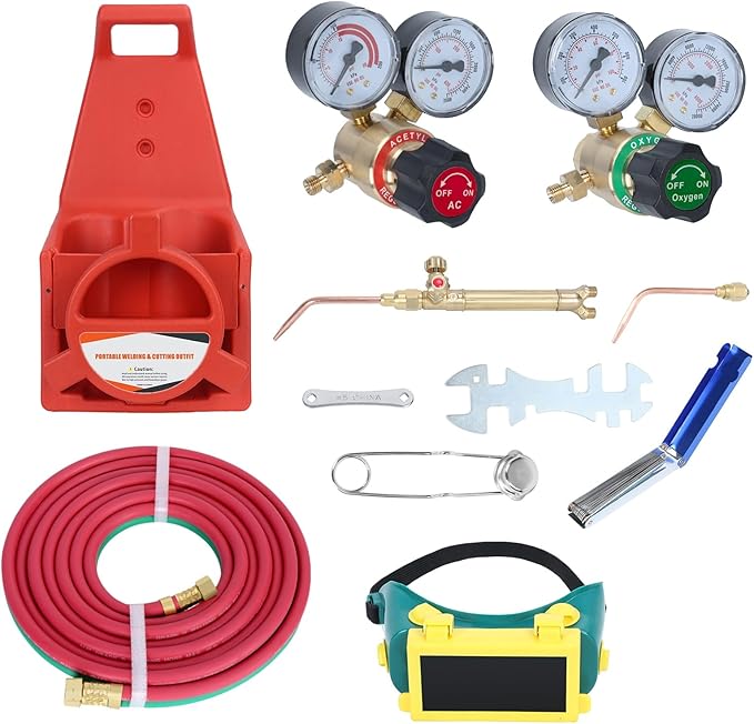Oxy Acetylene Torch Kit, 30V Portable Cutting Torch Kit, Portable Oxygen Acetylene Welder with Long Pipe, Gauge, Medium Duty Gas Welding Outfit Tote Kit (Without Tanks) Red