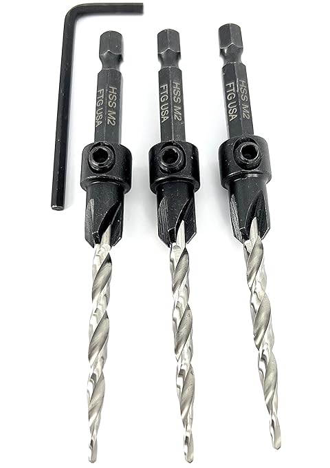 FTG USA Adjustable Wood Countersink Drill Bit Set 3 Pc #10 (3/16") with Tapered Drill Bits for Woodworking