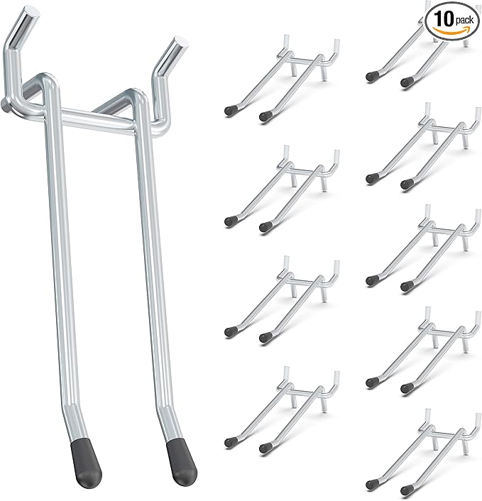 HUHOLE Double Arm Pegboard Hooks 4 Inch 10PC, Fit 1/4" Pegboard, Ideal Peg Board Tool Utility Hooks for Garage Organization, Wall Storage, Heavy Duty Tool Holder with Protecting Tip