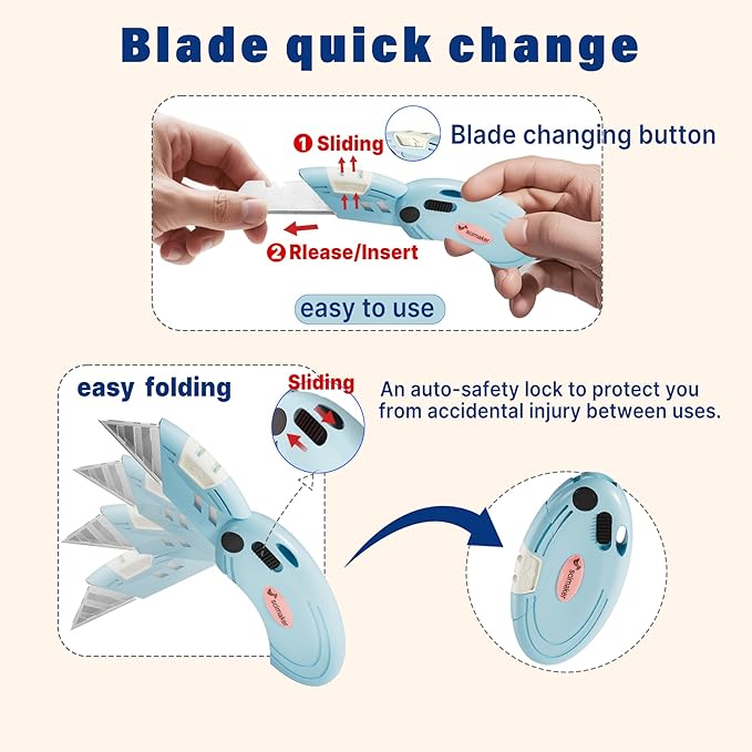 4 Pack Folding Utility Knife with 10 Extra Blades,Box Cutter with Button Lock Mechanism,Small Pocket Knife for Home,Office and Warehouse,Blue.
