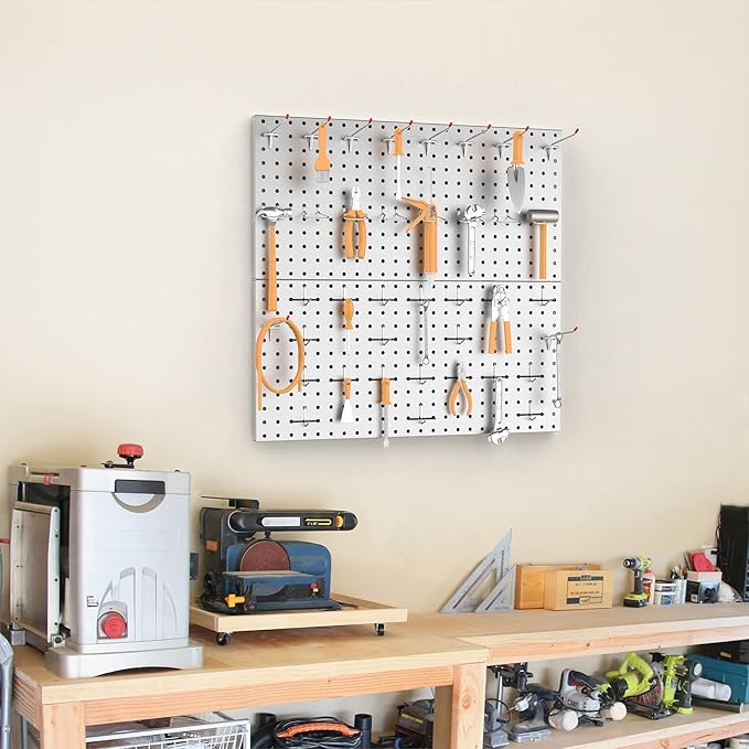 TORACK Metal Pegboard Wall Organizer 24" x 24" or 12" x 48", 70PCS Tools Storage Pegboard for Garage Peg Board Tool Organizer Board with Hooks for Workbench(Grey)