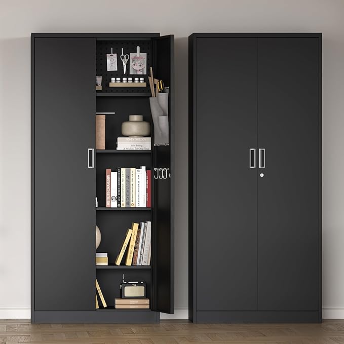 Big Metal Garage Storage Cabinet with Locking Doors, Lockable Heavy Duty Metal Tool Cabinet with Pegboard, Metal Utility Cabinet for Home, Office, Garage and Workshop, Black