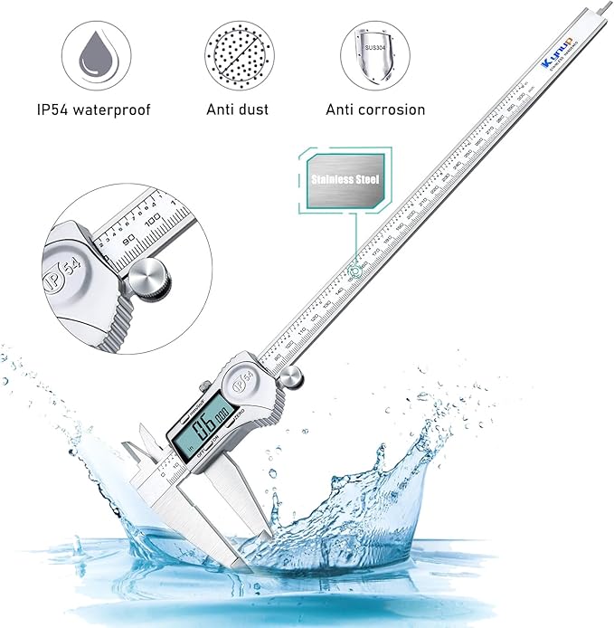 Kynup Digital Caliper, 12 Inch Caliper Measuring Tool with Stainless Steel, IP54 Splash Proof Protection Design, Large LCD Screen, Easy Switch from Inch Metric Fraction (300mm)