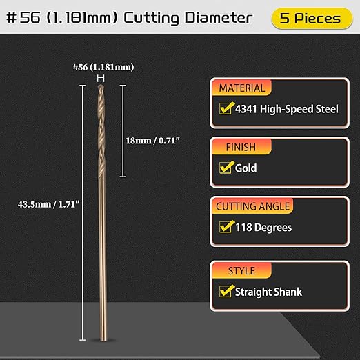 Drill Bit, #56 Cutting Diameter, 4341 HSS Gold Finish 118° Cutting Angle Number Jobber Bits - (Applications: for Drilling Soft Metal Plastic Wood), 5-Pieces
