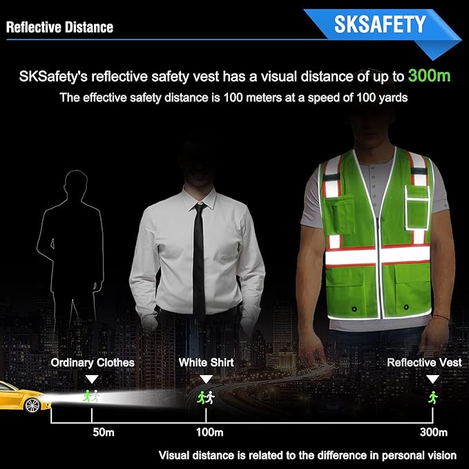 SKSAFETY 10 Pockets Safety Vest, Class 2 High Visibility Security with Zipper Double-sided mesh, Hi Vis Vest with Reflective Strips, ANSI/ISEA Standard, Construction Work Vest （Lime, M