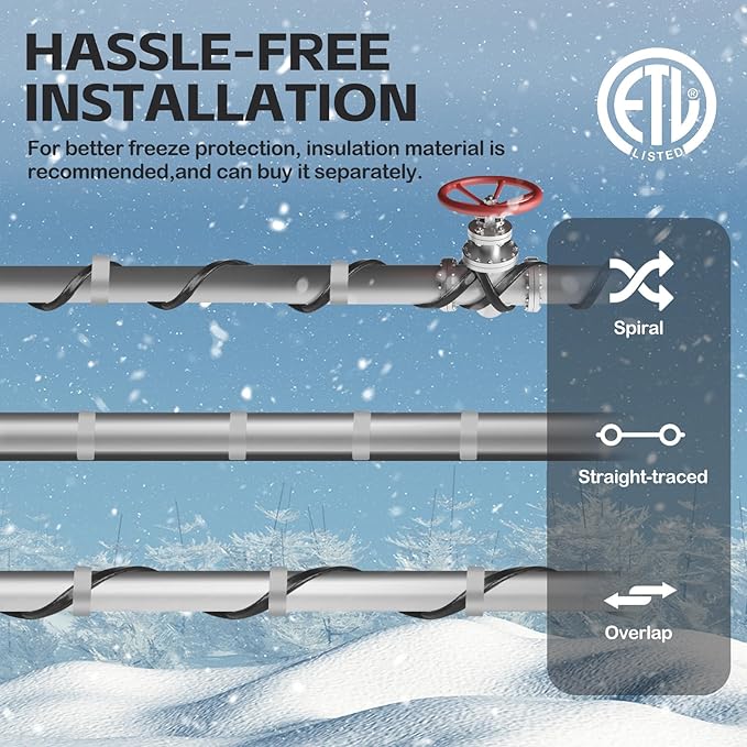 120FT（3FT-200FT）Pipe Heating Cable for Pipe Freeze Protection, Heat Cable for Water Pipes(Metal and Plastic), Pipe Heat Tape Keeps Water Flowing at -40°F 5w/ft, 120V