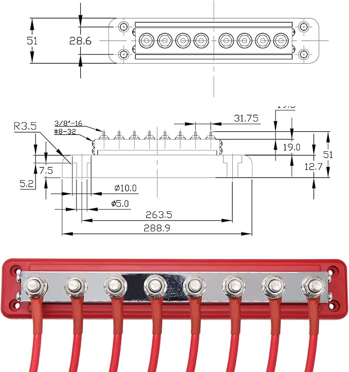2 Pcs 600 A High Current Copper Bus Bar 300V AC / 48V DC 8 Way 3/8 inch (M10) Studs 8#8-32 Screws Electrical Terminal Ground Distribution Block Battery Buss Bars with Cover (Red & Black)