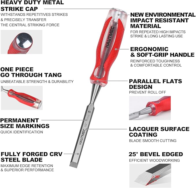 HAUTMEC 1/2" Wood Chisel – High-Impact Drop-Forged CRV Steel, Fully Polished Beveled Edge Blades, Heavy-Duty Strike Cap & Extended Anti-Skid Handle – HT0360