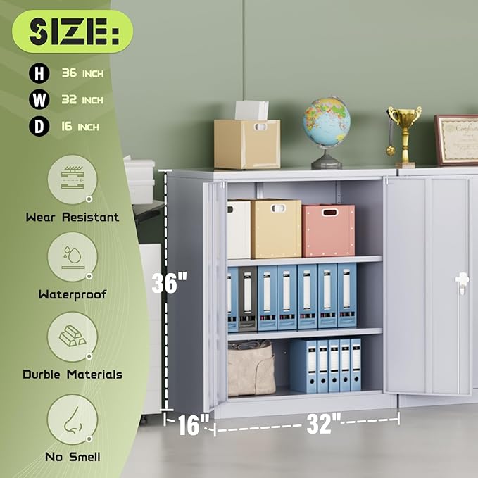 SUNCROWN Metal Storage Cabinets, 36”Locking Cabinet with Doors and Adjustable Shelves, Steel Utility Tool Garage Cabinets for Home, Office, Kitchen,Warehouse, Grey