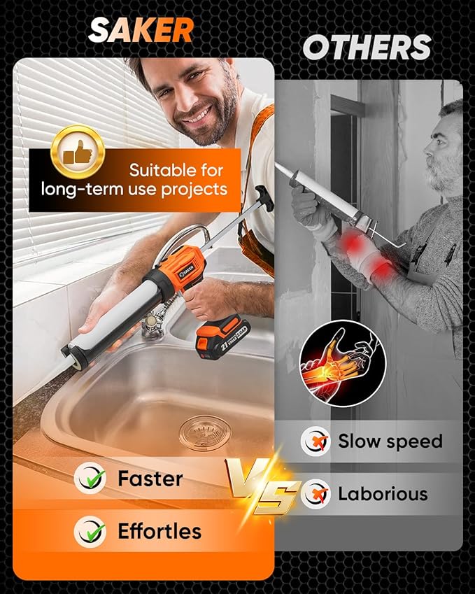 Saker Electric Caulking Gun Cordless Caulk Gun Drip-free with Silicone Caulking Tools 4 Adjustable Speeds with LED Light for Filling, Sealing 1 Batteries