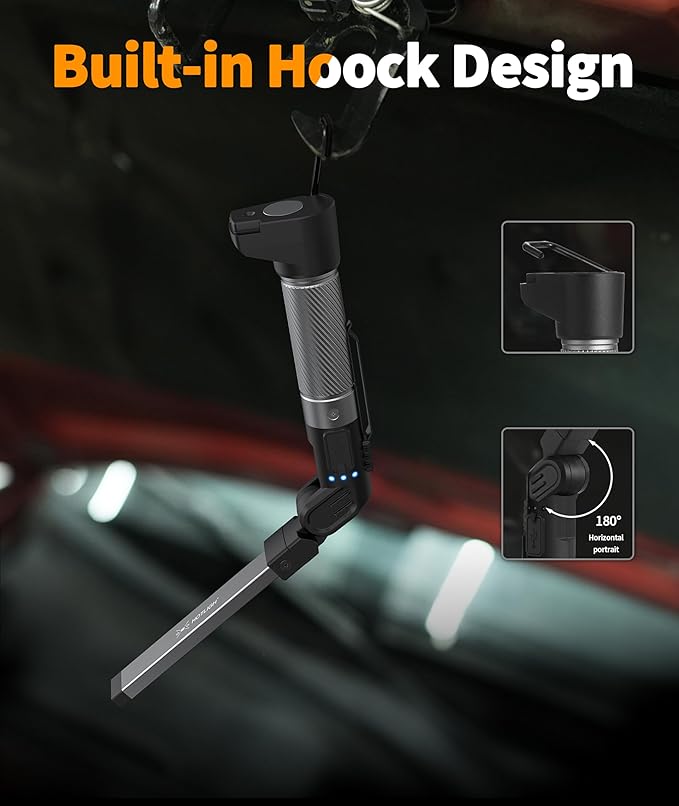 Magnetic Work Light - 800 Lumens Rechargeable Work Light with Multifunctional Foldable Design, 2200 mAh Mechanic Light, 3 Lighting Modes Magnetic Flashlight for Car Repairing/Emergency, 1 Pack