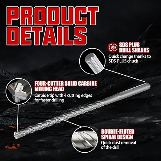 CSOOM SDS Plus Rotary Hammer Drill Bit 7/16"x8.27", Professional Concrete Drill Bit for Concrete, Brick, Stone and Cement Walls
