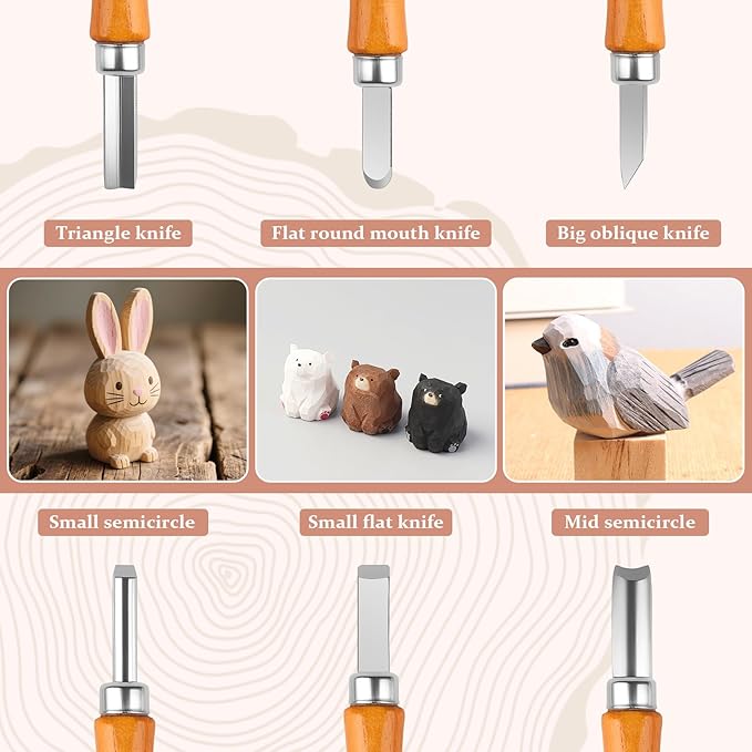 Wood Carving Tools Kit for Beginners, 4 Knives, 6 Chisels, Leather Strop, Wax, Sandpaper, Basswood & Safety Gloves - Complete Starter Set with Storage Bag, Whittling Tool Kit for DIY Woodworking