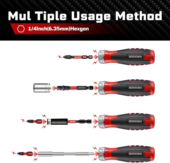 Ratcheting Screwdriver with Bit Storage Multi-bit Magnetic 1/4” Hex Shaft Screwdriver Handle for Phillips Flat Square Hex Screw Driver Repair Tool