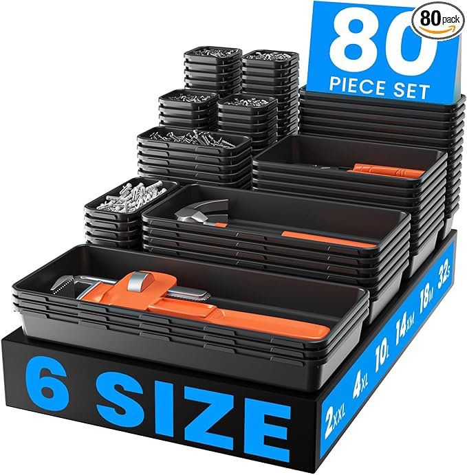 A-LuGei【Upgraded to 6 Size Tool Box Organizer,【4008 cu in】 Black Garage Organization and Storage Tray Divider Set, Desk Drawer Organizer, Toolbox for Tool Chest Cart WorkBench Small Parts Widget