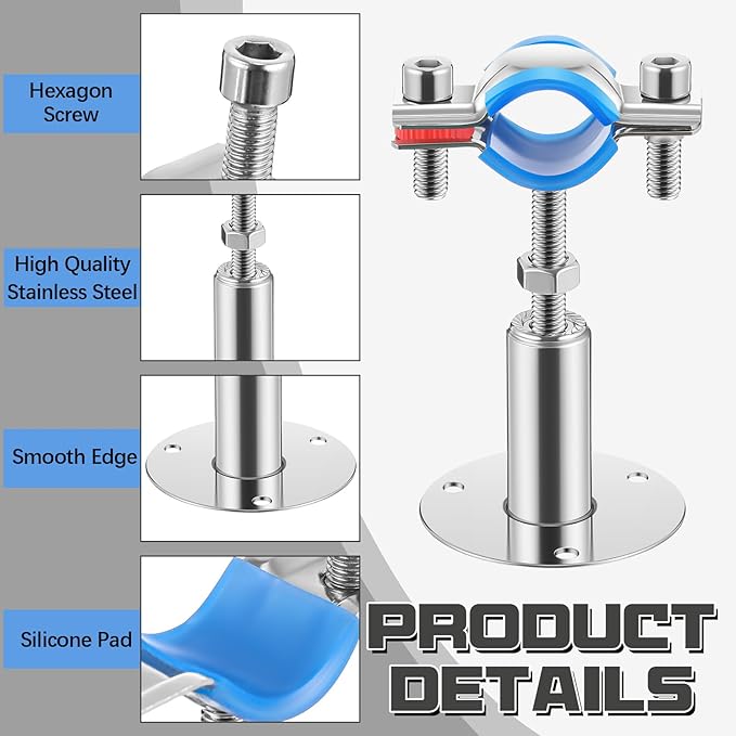 8 Pcs 304 Stainless Steel Wall Mount Ceiling Mount Pipe Supports Bracket, Suitable for OD 3/4"(25-28mm), Adjustable Height 50-100mm, Adjustable Pipe Strap Clamp with Screws and Screwdriver