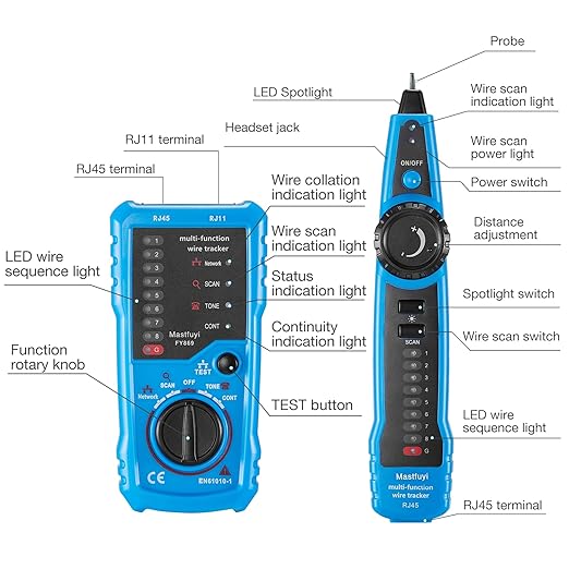 Network Cable Tester, Line Finder with Probe Tone, Wire Tracker Multifunction, RJ11 RJ45 Cable Tracer, Telephone Line Test, Ethernet LAN Network Cat5 Cat6 Cable Maintenance Collation