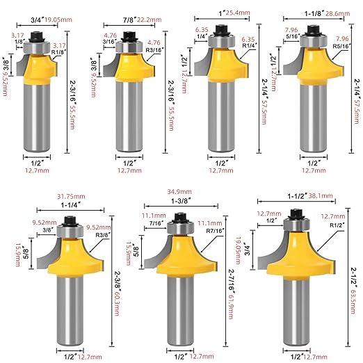 1/2 Shank 7pcs Corner Rounding Bit Set(1/8" 3/16" 1/4" 5/16" 3/8" 7/16" 1/2" Radius 4Pcs) Corner Rounding Edge-Forming Roundover