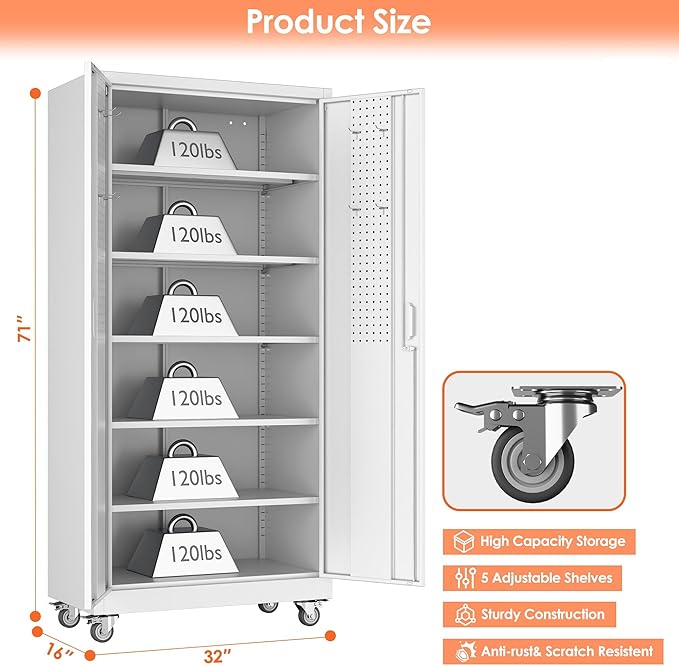 71" Metal Storage Cabinet with Wheels and Pegboard, Lockable Rolling Steel Storage Cabinet with 5 Adjustable Shelves and Door for Garage, Office, Kitchen, Assembly Required,White
