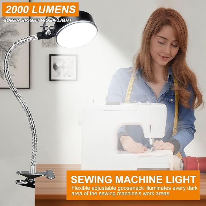 20W Clip on Light, LED Work Light with Flexible Gooseneck and Clip Base, Shop Tool Lamp for Lathe, Work Bench, Sewing Machine, Industrial Lighting, Small Areas Bright Lights, 2000 Lumens