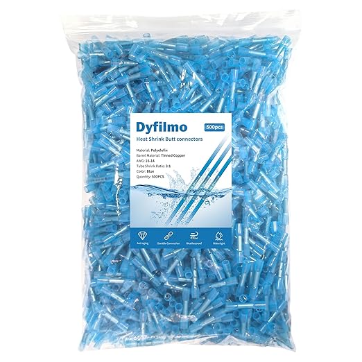 Heat Shrink Butt Connectors - 500Pcs 16-14 AWG Blue Waterproof Electrical Wire Connectors Automotive Marine Grade Wire Crimp Terminals Butt Splices for Cable,Boat,Home Electrical etc.