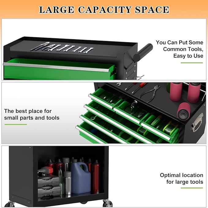 8-Drawer High Capacity Rolling Tool Chest, Removable Cabinet Storage Tool Box with Wheels and Drawers, Detachable Toolbox with Lock for Workshop Mechanics Garage(Black&Green)