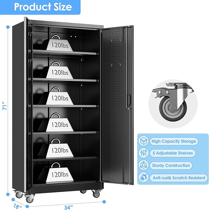 Aobabo Upgrade 71H''*34''W*18''D Metal Garage Storage Cabinet with Wheels and Pegboards, 5 Adjustable Shelves Steel Storage Cabinets for Home,Warehouse,Garage,Assembly Required,Black