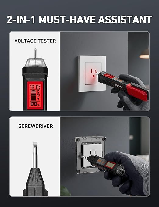 AstroAI VTS1000H Voltage Tester with Screwdriver, Non-Contact Electrical Tester, Dual Range AC 12V/70V-1000V, Live Wire Test, Wire Breakpoint Finder, Audible Alarm, LCD Percentage Display, Red