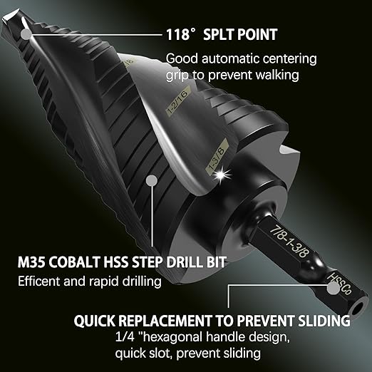 M35 Cobalt Step Drill Bit Four Spiral Flute, 3/16"-1-3/8" (19 Step Sizes) - Ideal for Metal, Stainless Steel, Wood, Plastic - 1/4" Hex Shank