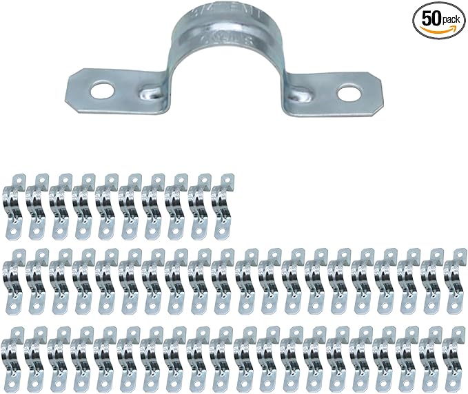 3/4 Inch 50PCS Pipe Clamps, 2 Holes U Bracket, Zinc-Plated Steel Straps,2 Hole Electrical Conduit Straps, Secure Mounting for EMT Conduit (50PCS)
