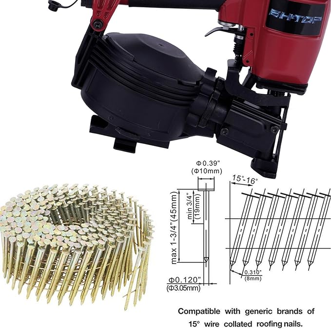 BHTOP CN45N Roofing Nailer, 15 Degree Roofing Nail Gun, 3/4-Inch to 1-3/4-Inch Coil Nails, 120-pcs Load Capacity Coil Nailer in Red