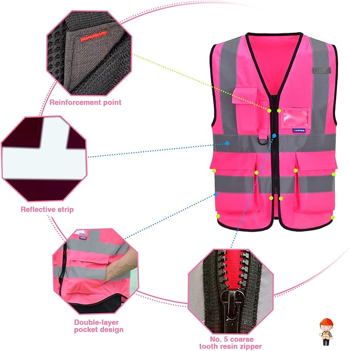 A-SAFETY Pink Safety Vests for Women,Working Safety Vest with Reflective Strips,Medium