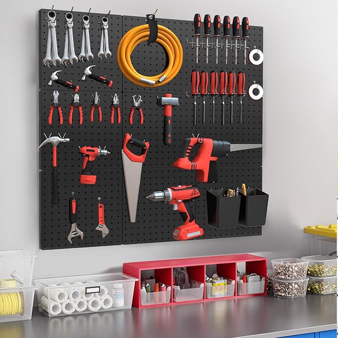 Peg Board, 4 Pack Metal Pegboard Kit,Black Pegboard Wall Organizer with 32 Pcs Hooks, Peg Board for Walls Home, Garage Tool Storage, Office Organization, Kitchen, Craft Room