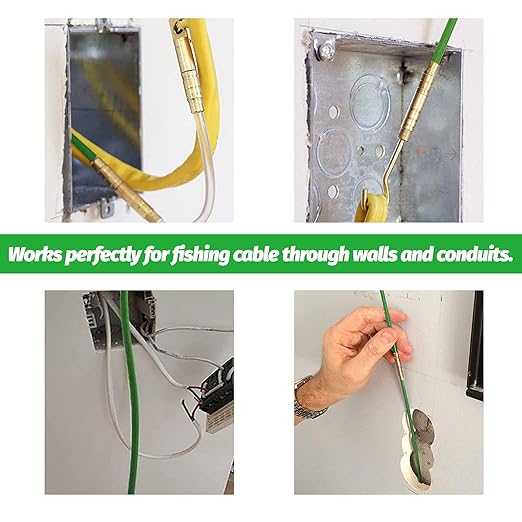 33 Ft Fiberglass Cable Wire Running Pull Push Kit Coaxial Electrical Connectable Fish Tape with Hook and Hole Kit in Transparent Tube Green