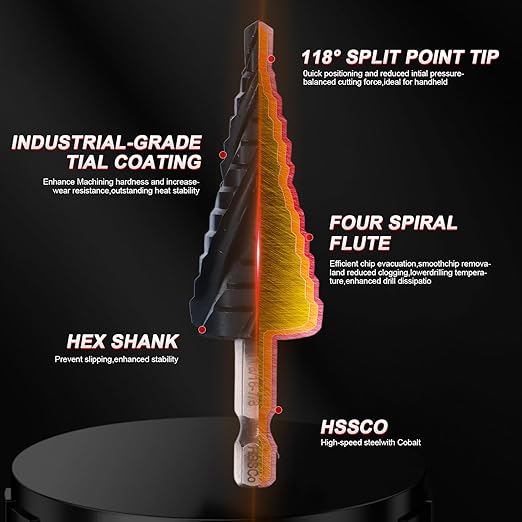 Step Drill Bits M35 Four Spirl Flute Cobalt Step Drill Bits Set 1/8"-7/8"(3pcs) Wear-Resistant TiAlN Coated,1/4" Hex Shank Drill for Metal, Stainless Steel, Aluminum, Plastic
