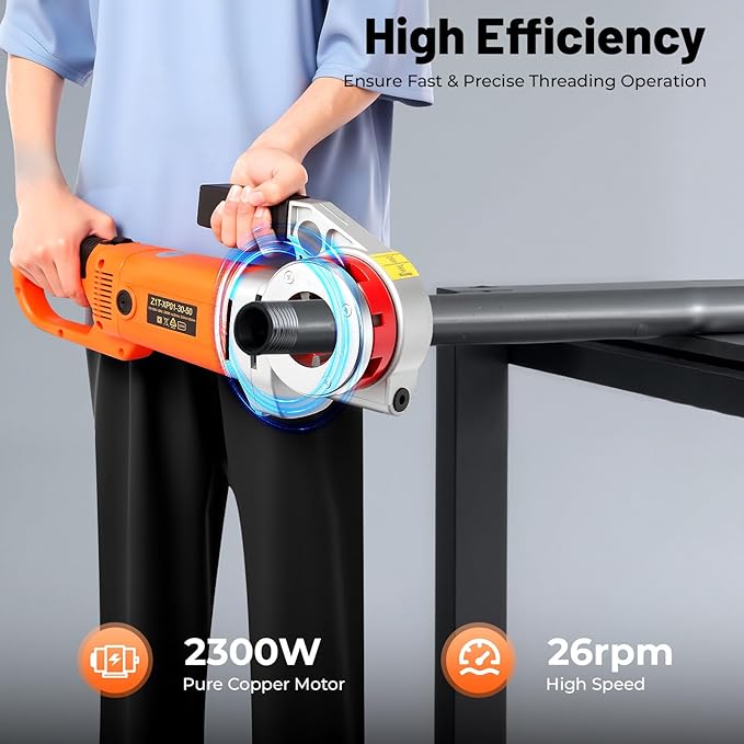 2300W Electric Pipe Threader Kit, Portable Pipe Cutter 6-Die Set (1/2" to 2") Heavy-Duty Hand-Held Power Drive Pipe Threader Machine Kit with Carrying Case for Steel/PVC/Conduit Piping, 26RPM