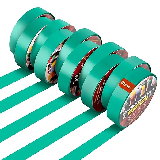 RED WOLF 10 Pack Green Electrical Tape 3/4 Inch x 66 Ft Industrial Grade UL/CSA Listed 7 Mil Thick Flame Retardant High Temp Waterproof Electrical PVC Tape Electric Super Vinyl Rated 600V