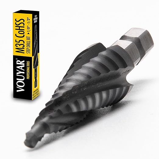 Four Spiral Flute Cobalt Step Drill Bit, 1/8" - 1/2" M35 TiAlN Coating Impact Ready Unibit Step Drill Bit, 1/4" Hex Shank Step Bit for Metal, Stainless Steel, Aluminum, Plastic