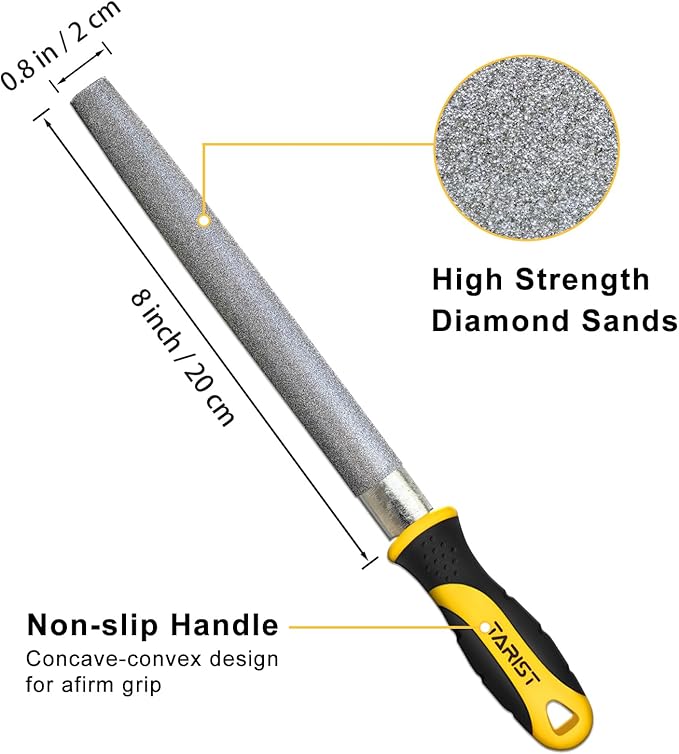 Diamond File Set, 3-Piece, 8-inch, Includes Flat/Half-Round/Round. For Sharpening Lawn Mower Blades, Garden Shears, Axe, Knife - Tool Sharpener for Metal, Tile, Ceramic, Glass, Stone and more