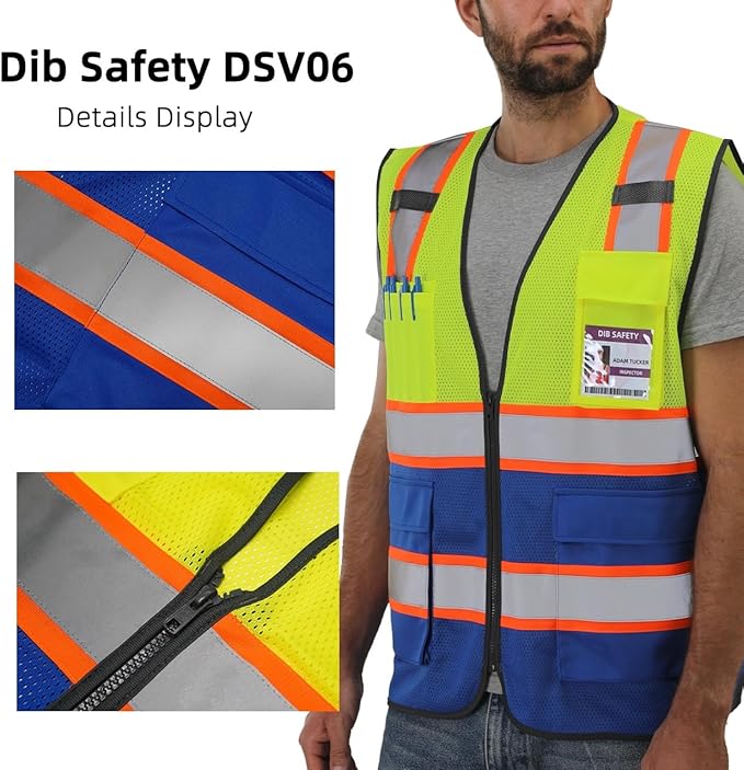 Dib Safety Reflective Mesh Vest High Visibility Two Tone with Pockets and Zipper, Yellow and Blue Mesh with Orange Trim 2XL