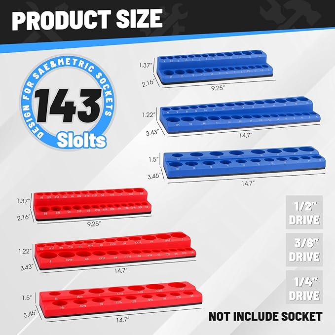 Magnetic Socket Organizer Set, 6pcs Metric SAE Magnetic Socket Holder Set Includes 1/4", 3/8", 1/2", Socket Trays Holds 143pcs Standard&Deep Size Sockets for Tool Box Drawers Tool Carts Mechanics
