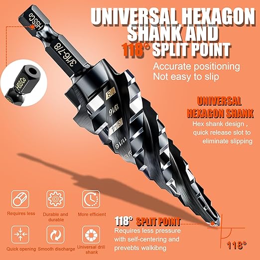 Four Spiral Flute Step Drill Bit for Metal,M35 Cobalt Unibit Step Drill Bit Set 1/8"-7/8" (3 pcs),Wear-Resistant AlTiN Coated,1/4" Hex Shank for Metal, Stainless Steel, Aluminum, Plastic