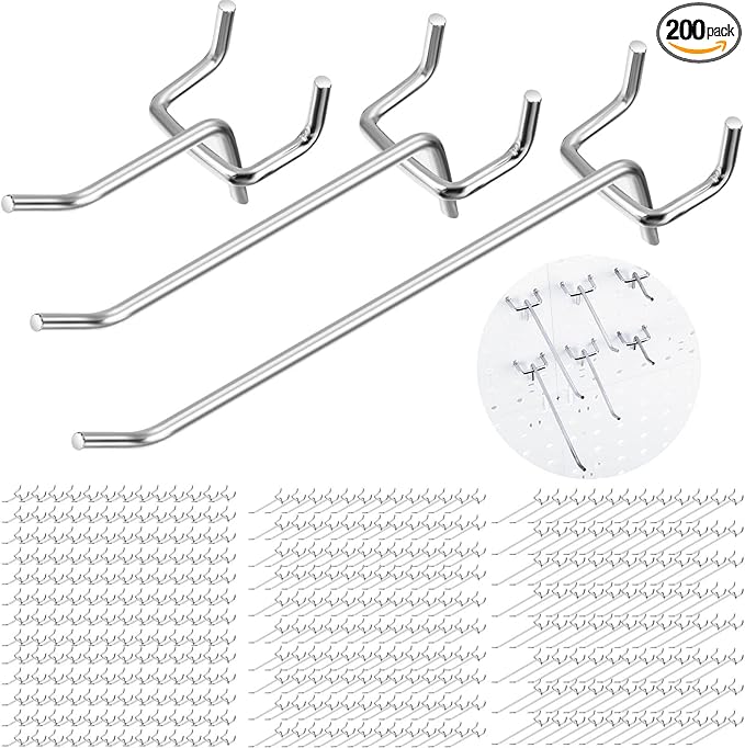 Hicarer 200 Pcs Stainless Steel Pegboard Hooks Multiple Sizes Fit 1/4" or 1/8" Pegboard Ideal for Garage Tool Organization, Wall Storage(2 Inch, 4 Inch, 6 Inch)