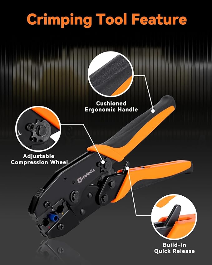 HARDELL Crimping Tool for Heat Shrink AWG22-10, Wire Crimping Tool with 90 PCS Wire Connectors, 3 Interchangeable Dies, Anti-Slip Grip, Electrical Connectors Kit Ratchet Wire Terminal Crimper