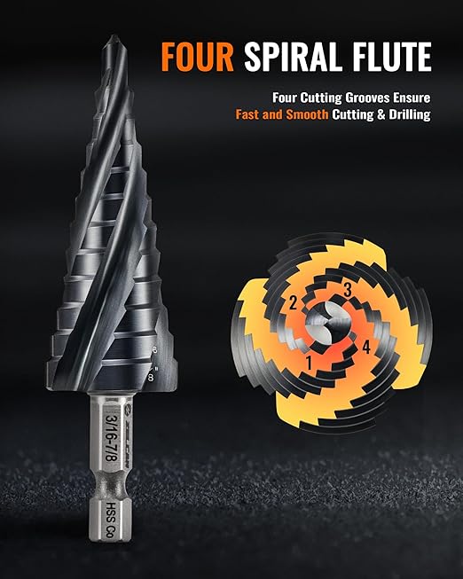 ZELCAN 12 Sizes M35 Cobalt Step Drill Bit, 3/16" to 7/8" Four Spiral Flute Step Drill Bit for Metal, Titanium-Coated HSS Step Bit with 1/4" Hex Shank for Stainless Steel Aluminum Copper Wood Plastic