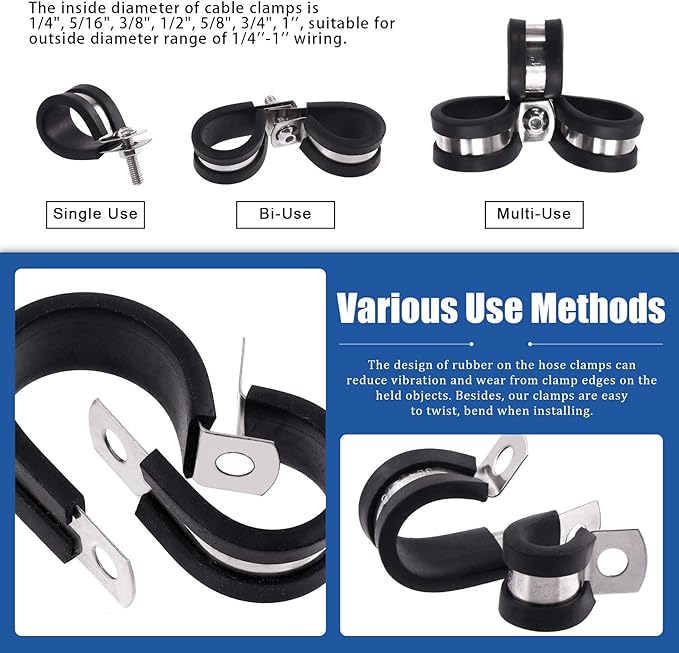 Glarks 26Pcs 5/16'' 304 Stainless Steel Cable Clamps, Rubber Cushioned Insulated Clamps Hose Clamps Loop Clamps Pipe Clamps Metal Clamps Set for Tube, Pipe or Wire Cord Installation