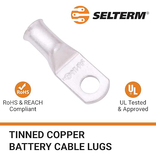 SELTERM 25pcs 4 AWG 1/4" Stud Marine Grade Tinned Copper Battery Cable Lugs, 4 Guage Ring Terminals, UL Wire Lugs Electrical Battery Cable Ends, Tinned Copper Lugs Battery Terminal Connectors