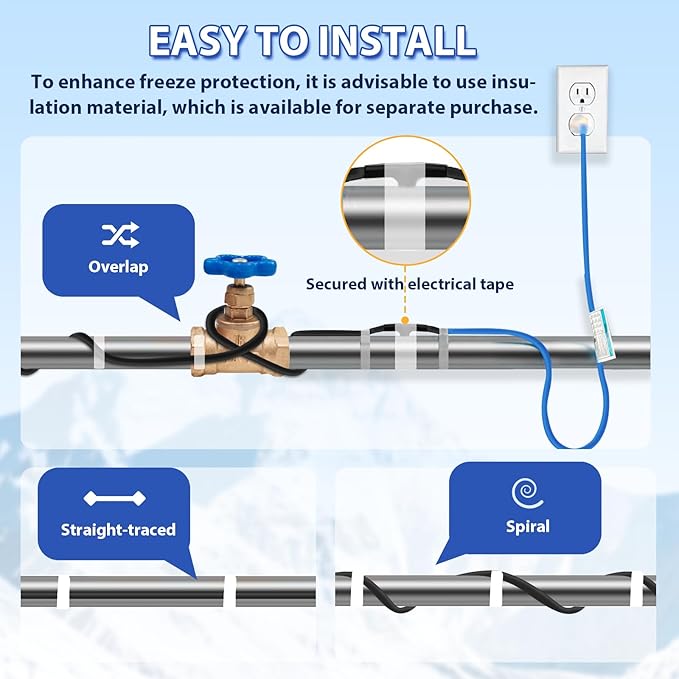 120V 100FT Self-Regulating Pre-assembled Water Pipe Heat Cable for Pipe Freeze Protection, Energy-Saving Pipe Heating Cable Keeps Water Flowing at -40°F