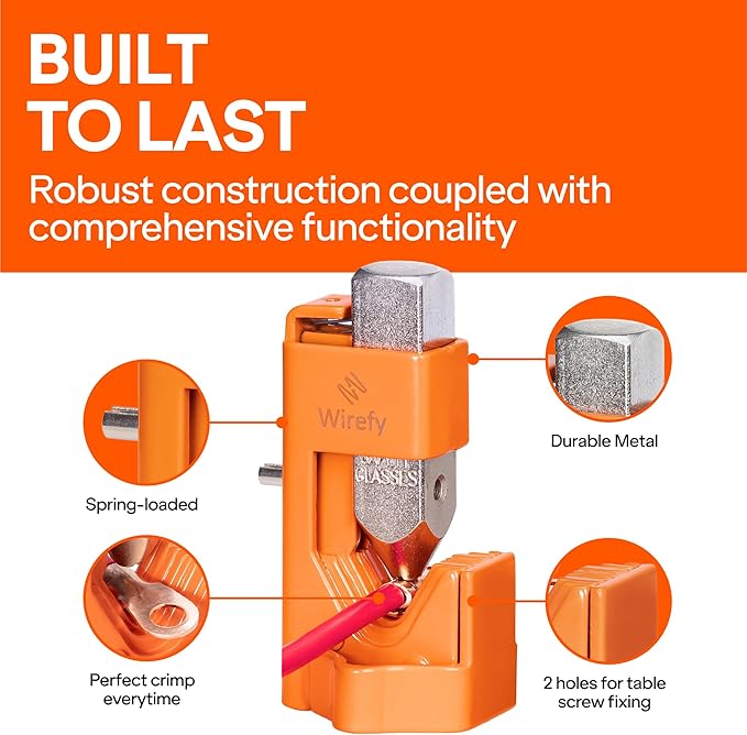 Wirefy Hammer Lug Crimper Tool - Cable Battery Wire Crimping Too Made with Hardened Stainless Steel - Accommodates Gauges from 8 AWG to 4/0