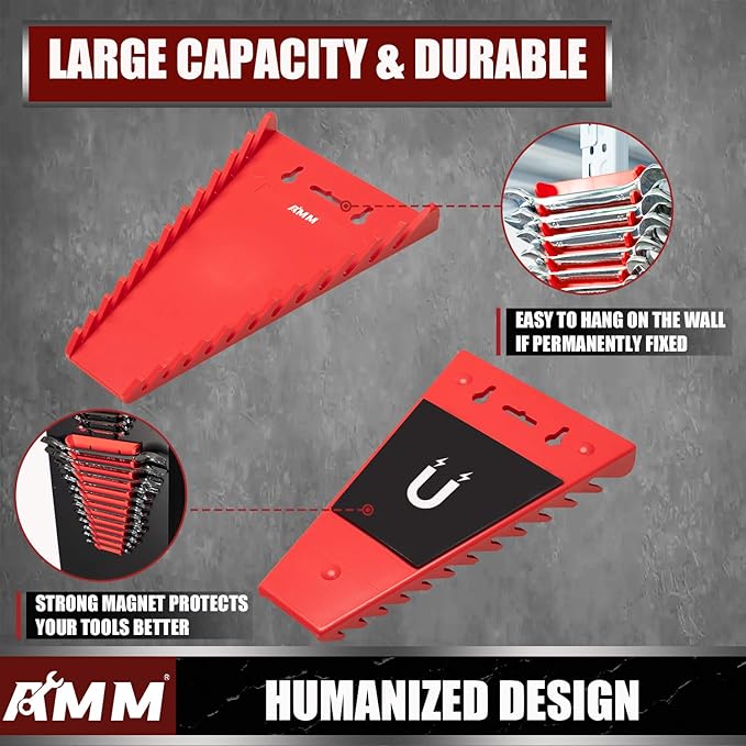 AMM 4 Pack Magnetic Wrench Organizer, 48-Slot Magnetic Wrench Holder for Tool Box Drawer Chest&Wall Mounted, SAE(1/4" - 1-1/16") and Metric 6mm-24mm